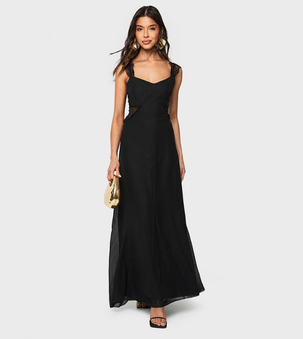 Lace Chiffon Godet Hem Maxi Dress