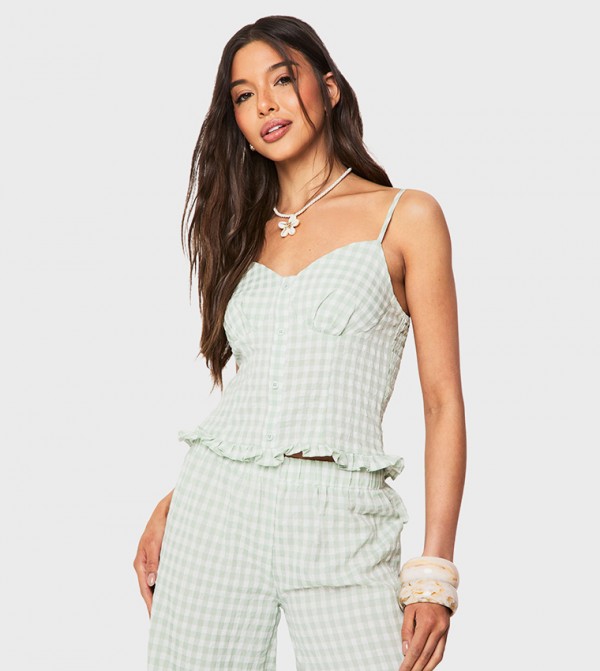 Gingham Frill Shirred Back Corset Top