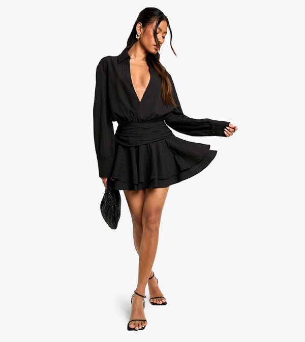 Textured Ruched Frill Skirt Mini Dress