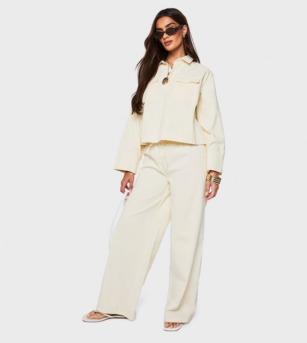 Twill Drawstring Waist Wide Leg Trousers