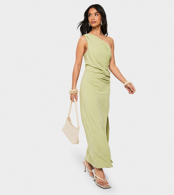 Petite Linen Look Drape Strap Back Maxi Dress