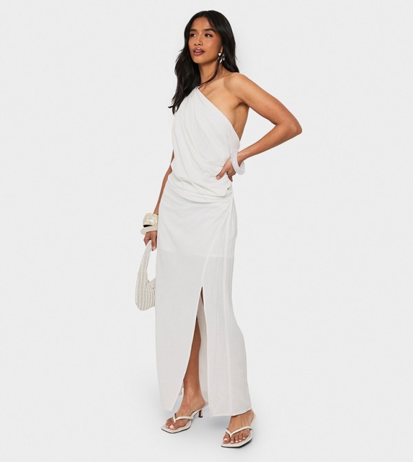 Petite Linen Look Drape Strap Back Maxi Dress