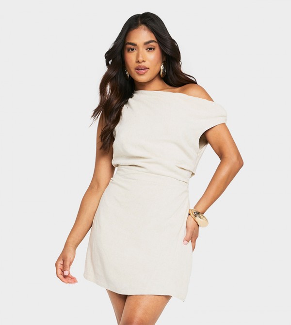 Petite Linen Look Drape Twist Strap Mini Dress