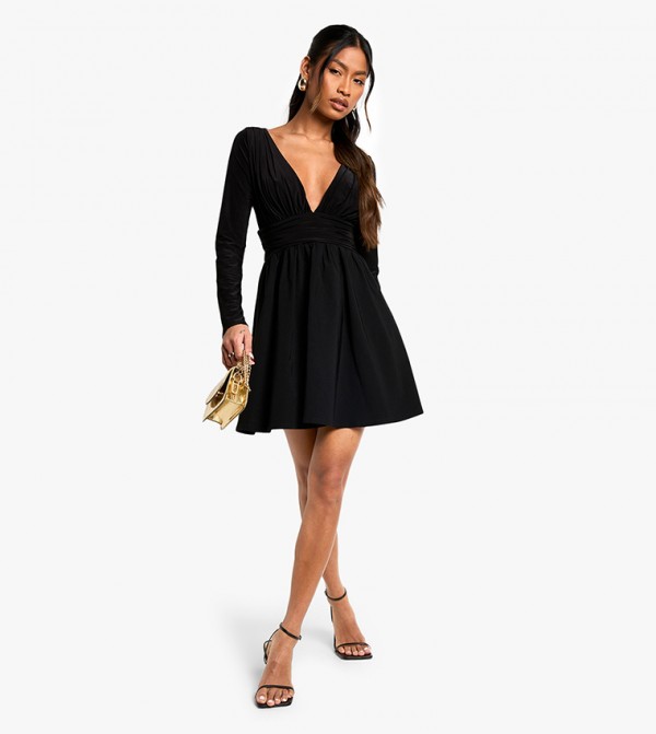 Bengaline and Slinky Mix Plunge Mini Dress
