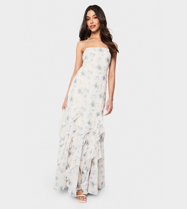 Floral Printed Ruffle Hem Strappy Maxi Dress