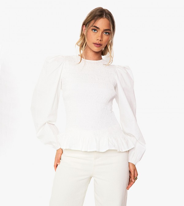 Smocked Long Sleeves Shirred Frill Hem Top