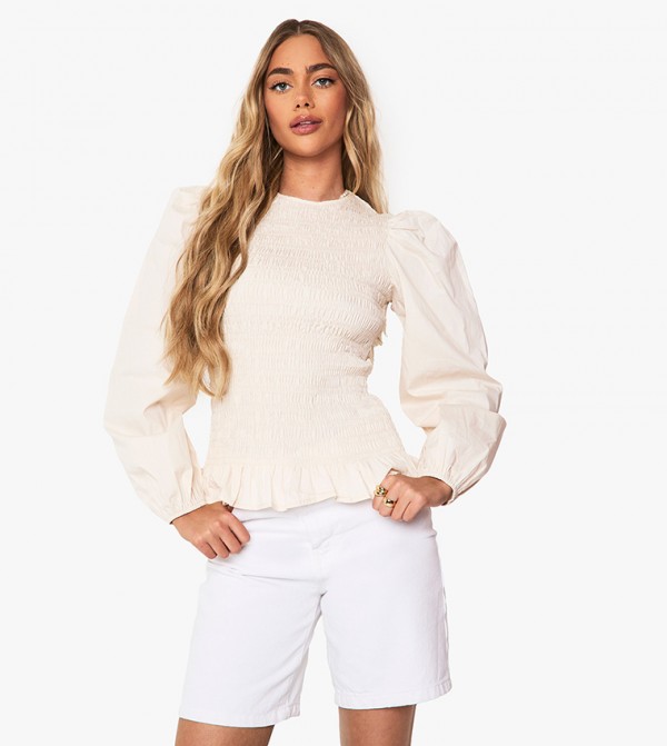 Smocked Long Sleeves Shirred Frill Hem Top