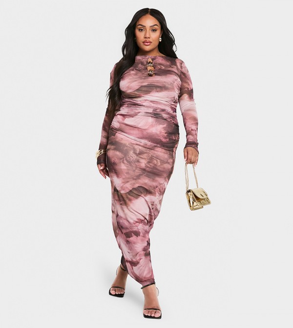 Curve Trim Detail Abstract Mesh Maxi Dress