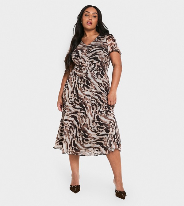 Curve Printed Mesh Rouched Midaxi Dress