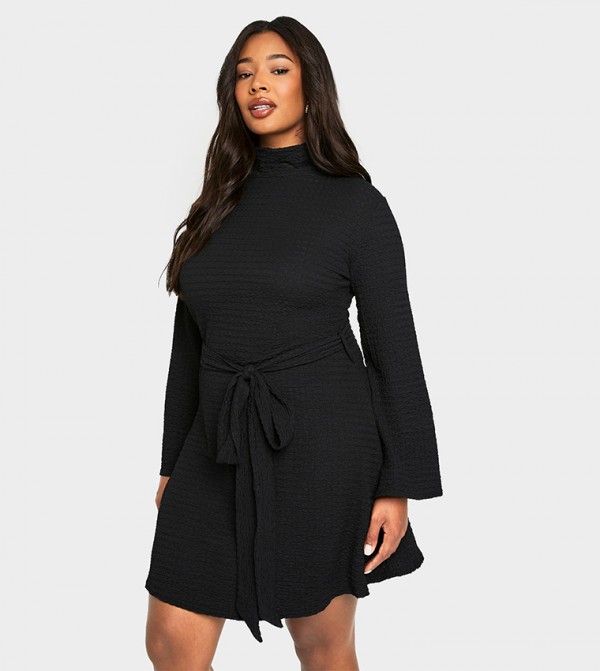 Curve Ripple Texture Belted Skater Dress