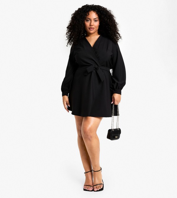 Curve Blouson Sleeves Mini Wrap Dress