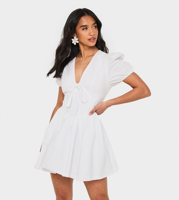 Petite Corset Detail Puff Sleeves Skater Mini Dress