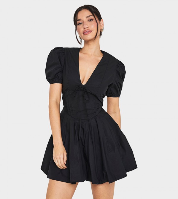 Tall Corset Detail Puff Sleeves Skater Mini Dress