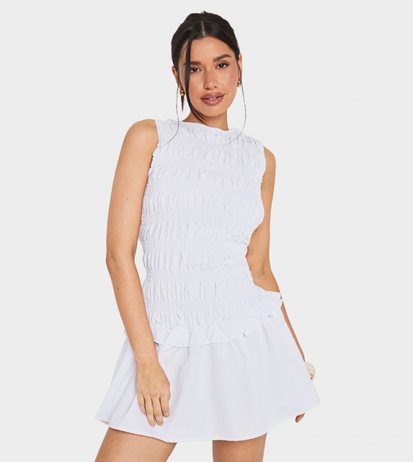 Tall Shirred Sleeveless Drop Waist Skater Mini Dress