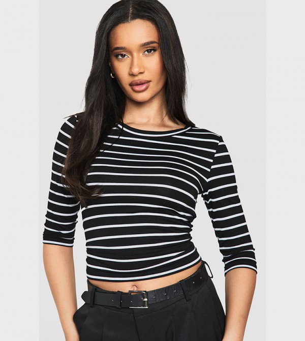 Striped 3/4 Sleeves Crop Top