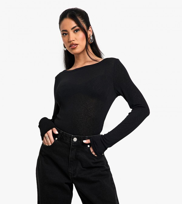 Textured Mesh Boat Neck Long Sleeves Top