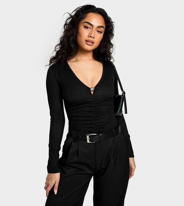 Ribbed Plunge Front Trim Detail Bodysuit