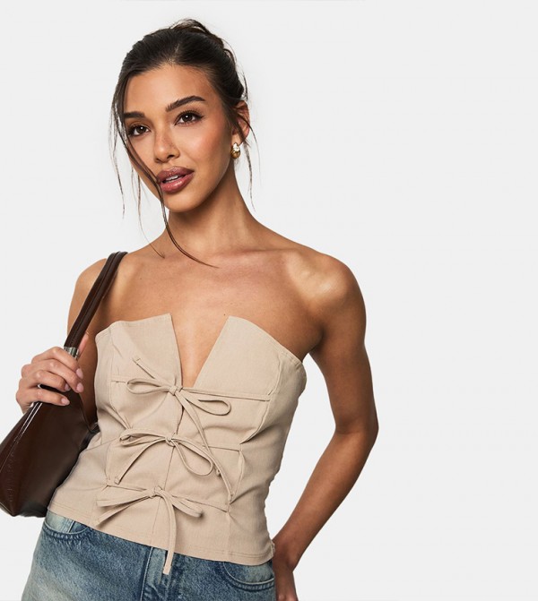 Marl Bengaline Tie Front Detail Bandeau Top