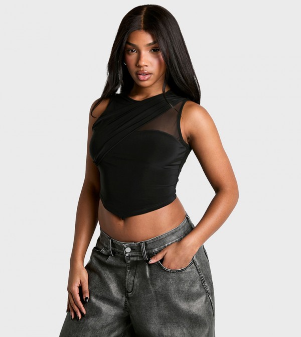 Double Layer Slinky Mesh Insert Pointed Hem Crop Top