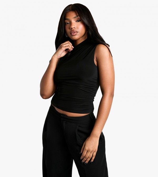 Double Layer Slinky High Neck Ruched Detail Crop Top