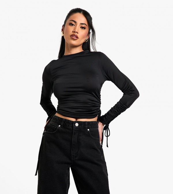 Jersey Ruched Side Long Sleeves Top