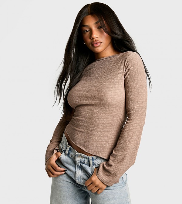 Textured Ruched Neck Asym Hem Crop Top
