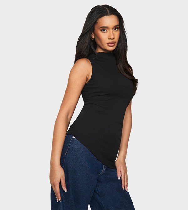 Crepe Boat Neck Asymmetric Hem Top
