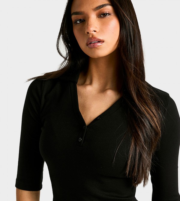 Peached Modal Button Collar 3/4 Sleeves Crop Top