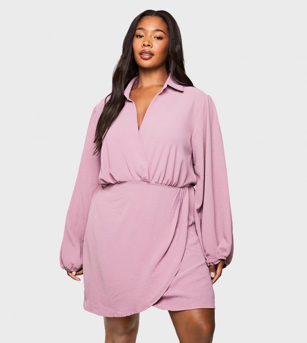 Curve Long Sleeves Wrap Mini Dress