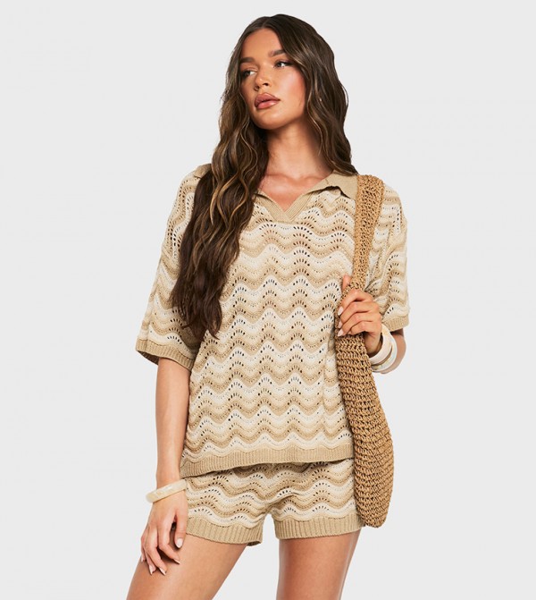 Crochet Striped Collared Oversized Shirt