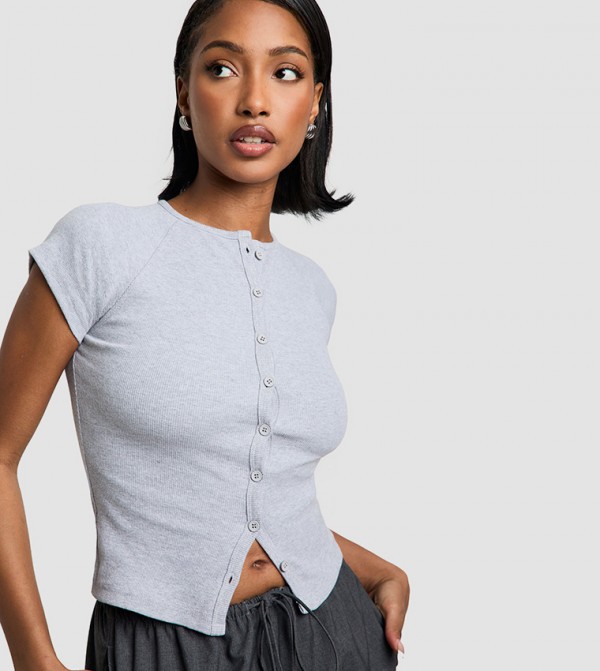 Ribbed Button Through Cap Sleeves Crop Top
