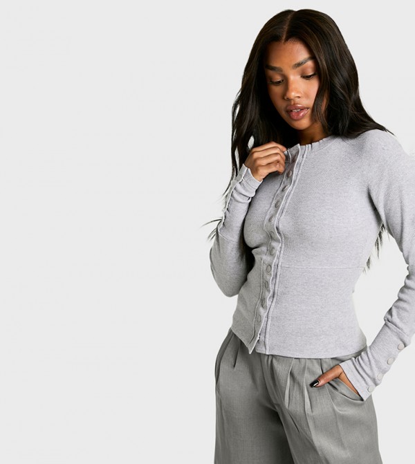 Ribbed Popper Long Sleeves Top