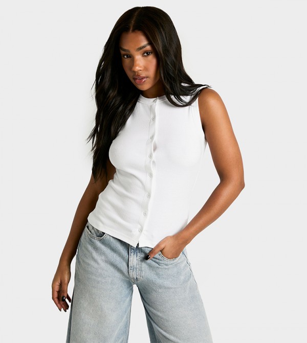 Ribbed Button Front Longline Top
