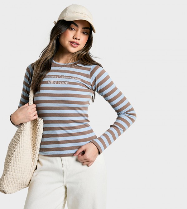 New York Embroidery Striped Long Sleeves Top