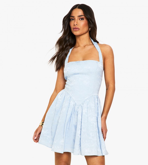 Petite Halter Jacquard Halter Neck Skater Dress