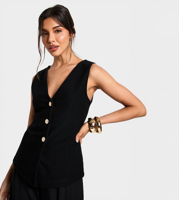 Textured Button Through V-Neck Longline Waistcoat