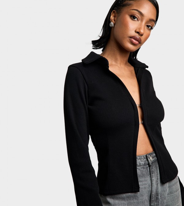 Ribbed Collared Long Sleeves Top