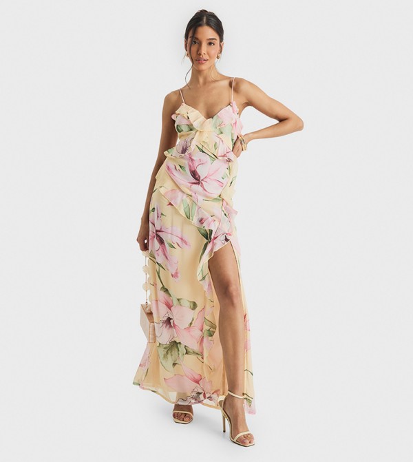Floral Crinkle Chiffon Ruffle Maxi Dress