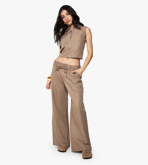 Mid Rise Belted Wide Leg Trousers