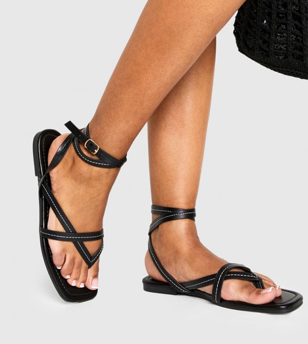 Contrast Stitch Toe Post Wrap Flat Sandals