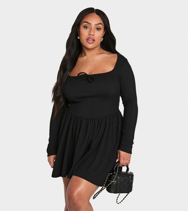 Curve Rib Bow Detail Skater Dress