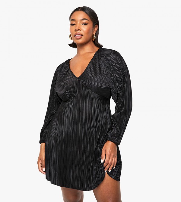 Curve Plisse Long Sleeves Smock Mini Dress