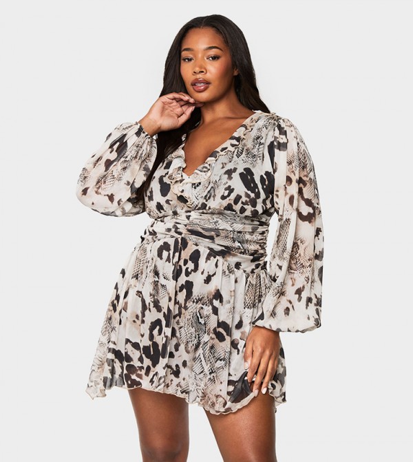 Curve Animal Print Mesh Ruffle Skater Dress