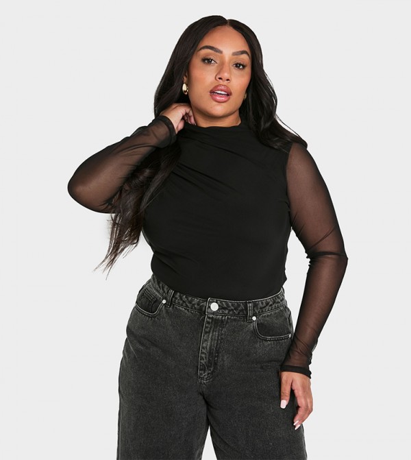 Curve Ruched Long Sleeves Mesh Bodysuit