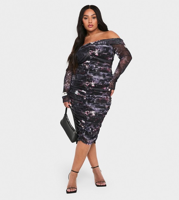 Curve Bardot Ruched Detail Long Sleeves Maxi Dress