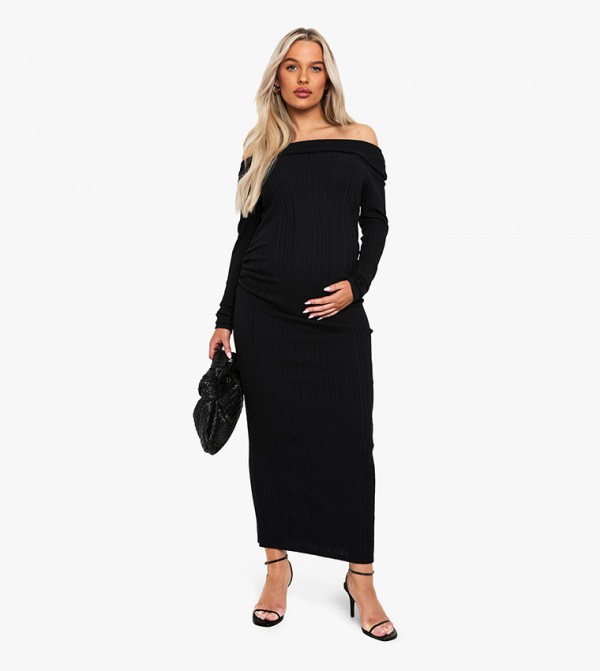 Maternity Ribbed Bardot Ruched Maxi Dress