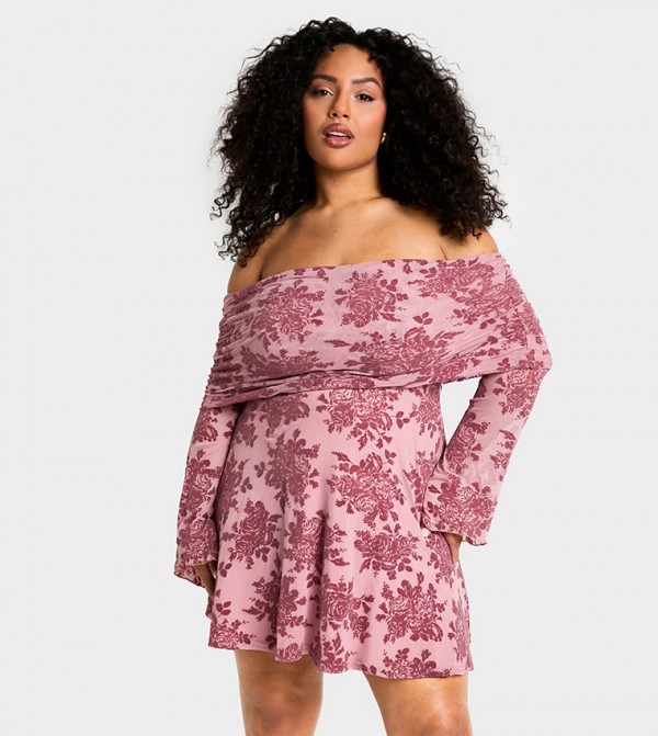 Curve Devore Bardot Flare Sleeves Mini Dress