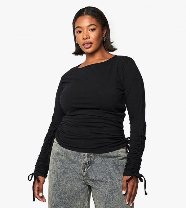 Curve Crew Neck Ruched Long Sleeves Top