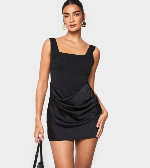 Satin Drape Square Neck Mini Dress