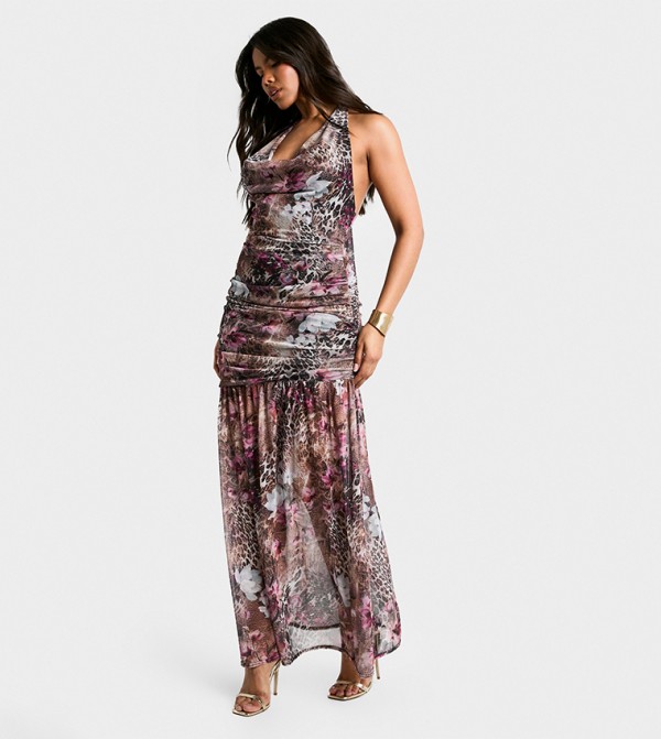 Printed Mesh Halterneck Ruched Maxi Dress